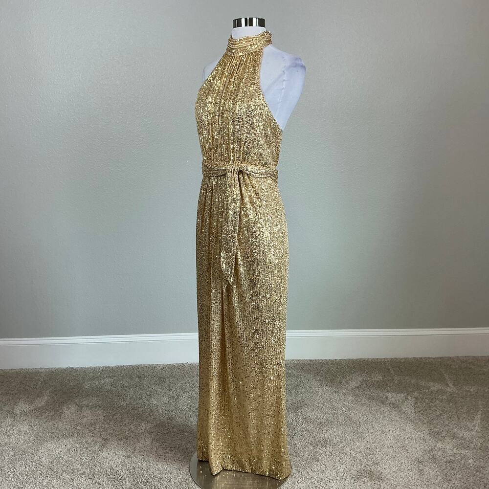 Mac Duggal 11281 Gold Sequined Evening Gown Halter Neck Column Dress Size 4 - Picture 6 of 12